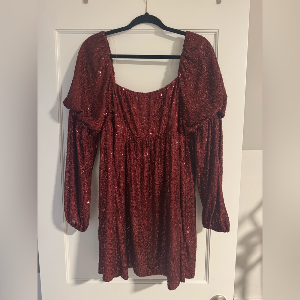 Red Sequin Dress with Puff Sleeves